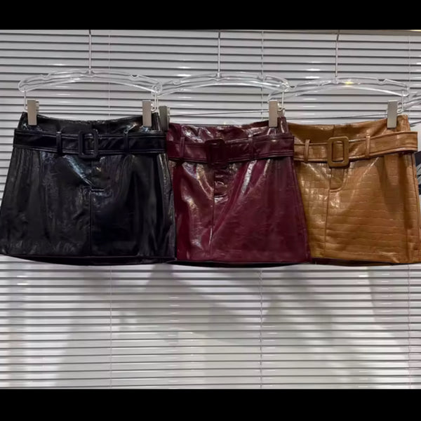 Women Sexy Fashion Color Faux Leather Belted Skirt