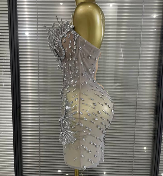 Women Sexy Strapless Silver Rhinestone Mesh Dress