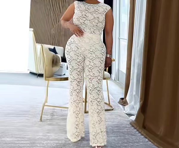 Women Sexy Solid Color Short Sleeve Lace Two Piece Pant Set