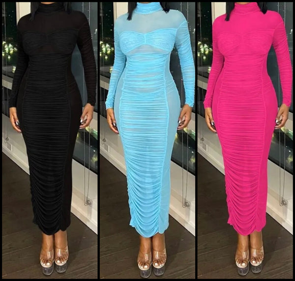 Women Sexy Full Sleeve Ruched Mesh Maxi Dress