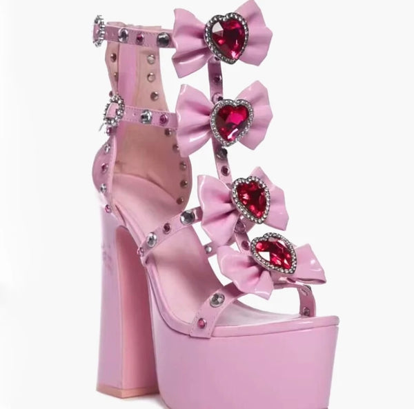 Women Fashion Pink Platform Heart Bow Ankle Strap Sandals