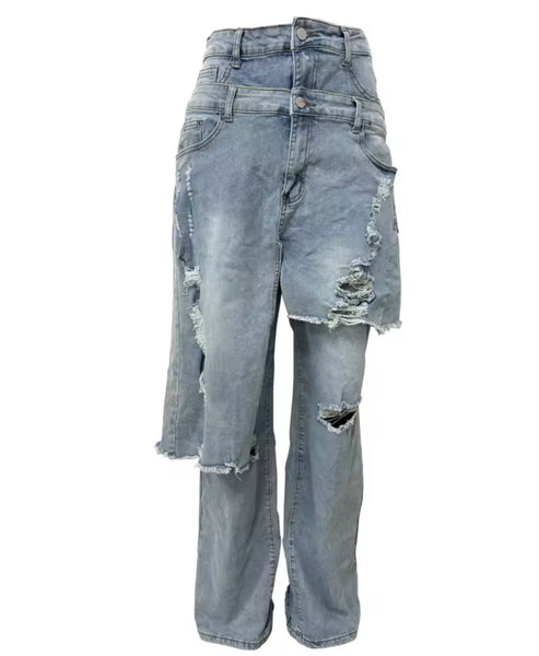 Women Fashion Asymmetrical Ripped Wrap Denim Pants