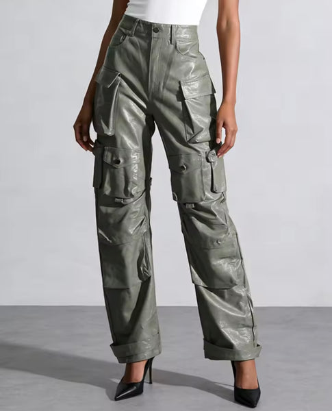 Women Fashion Faux Leather Cargo Pants