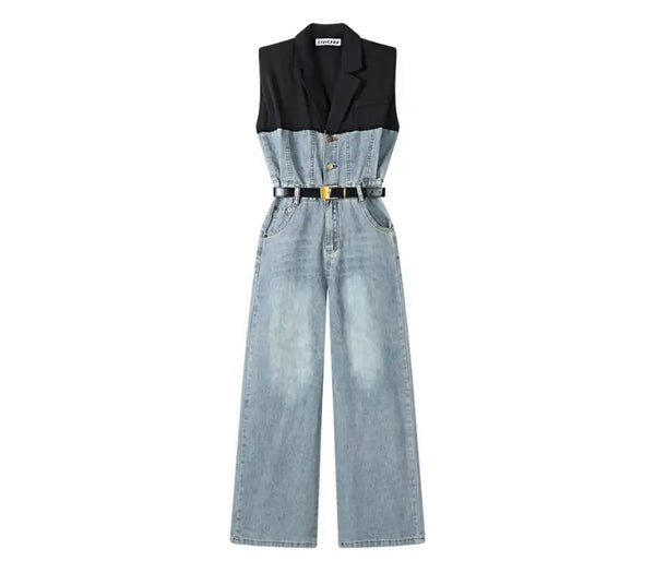 Women Fashion Sleeveless Button Up Denim Jumpsuit