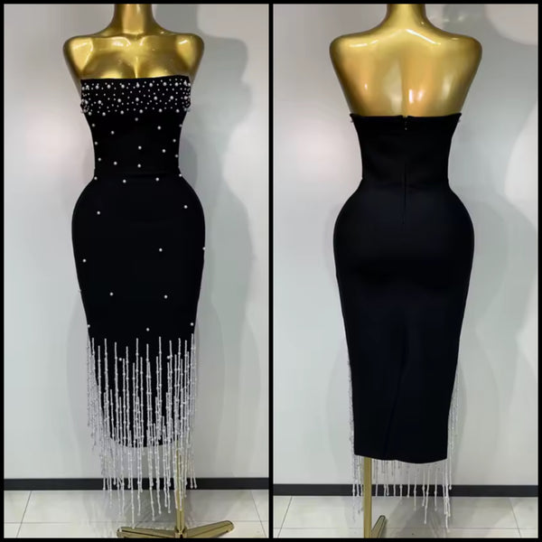 Women Sexy Strapless Beaded Rhinestone Tassel Dress