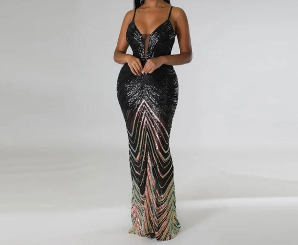 Women Sexy Sleeveless Sequins Gradient Maxi Dress