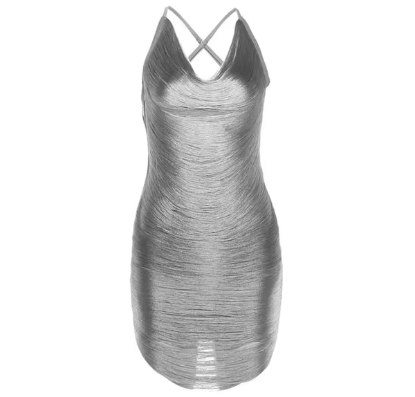 Women Sexy Silver Sleeveless Backless Fringe Dress