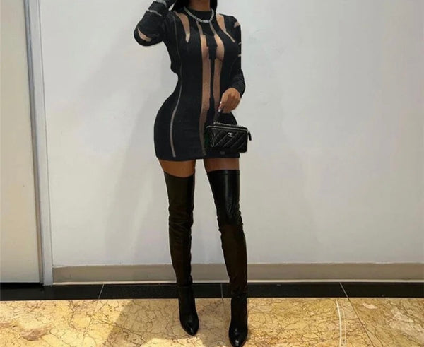 Women Sexy Mesh Patchwork Full Sleeve Open Back Dress