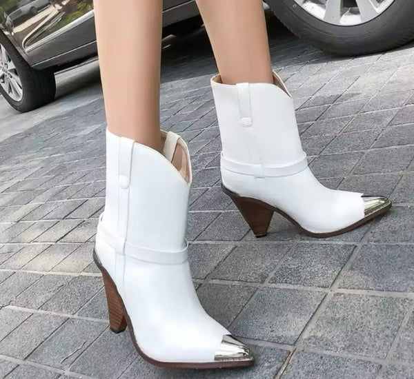 Women Fashion Metal Pointed Toe Ankle Western Boots