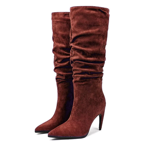 Women Fashion Ruched Suede Knee High Boots