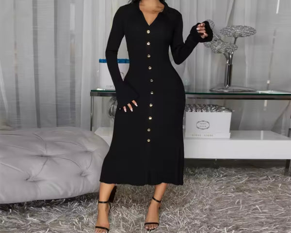 Women Sexy Button Up Full Sleeve Maxi Dress