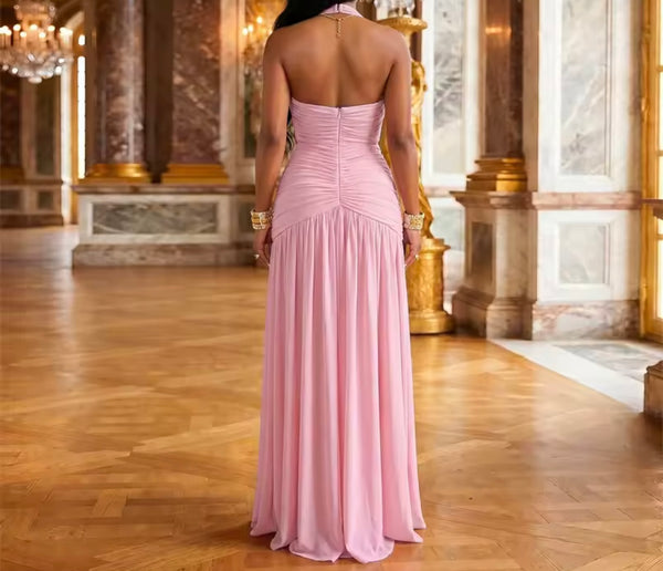 Women Sexy Halter Sleeveless Side Split Pleated Maxi Dress