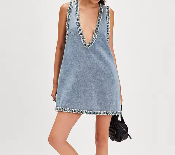 Women Sexy V-Neck Sleeveless Rhinestone Denim Dress