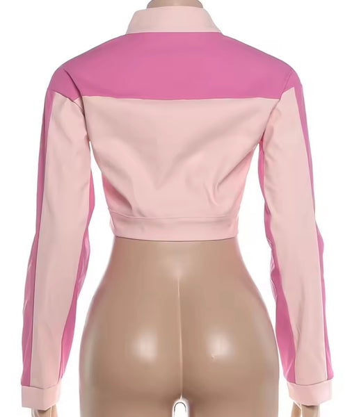 Women Pink Fashion Zip Up Button Faux Leather Crop Jacket