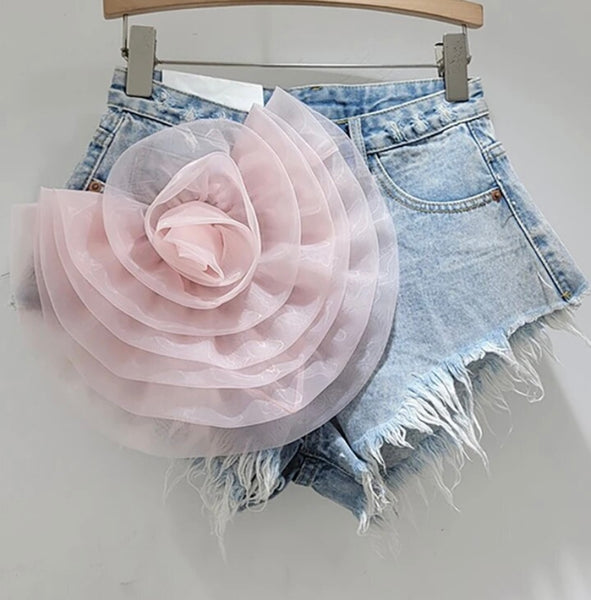 Women Fashion Fringe Denim Floral Shorts