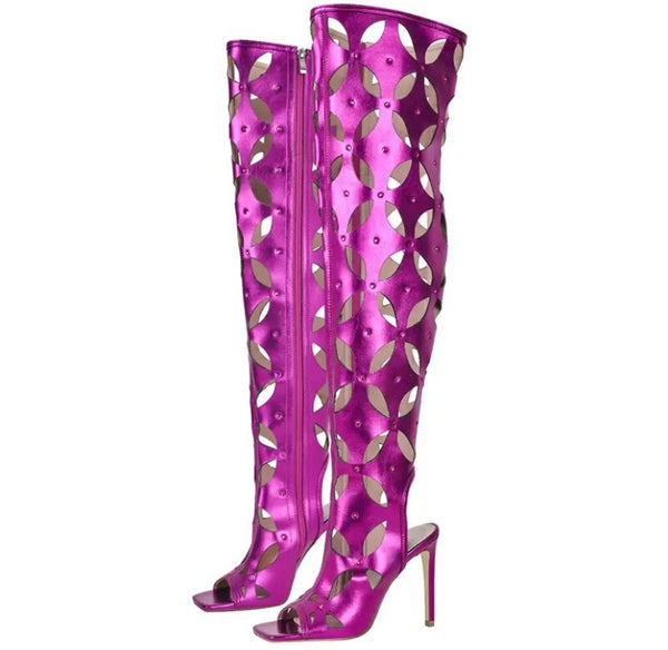 Women Open Toe Hollow Out Fashion Knee High Boots