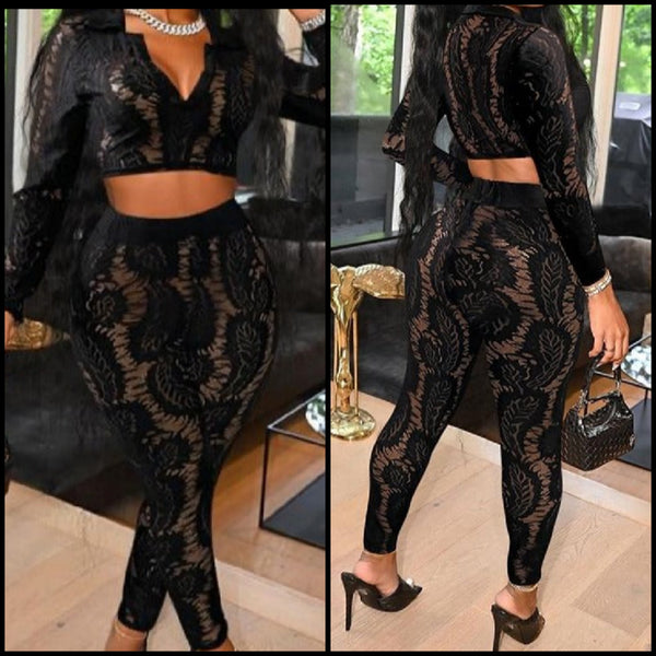 Women Sexy Lace Print Two Piece Crop Fashion Pant Set