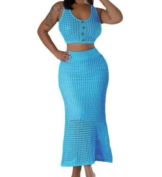 Women Sexy Knitted Sleeveless Two Piece Maxi Skirt Set