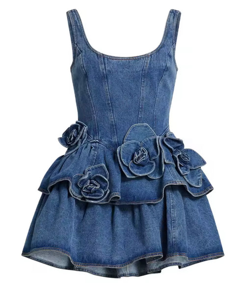 Women Sleeveless Floral Ruffled Fashion Denim Dress