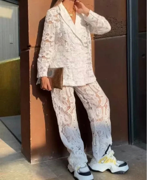Women Sexy Fashion Full Sleeve Lace Blazer Two Piece Pant Set
