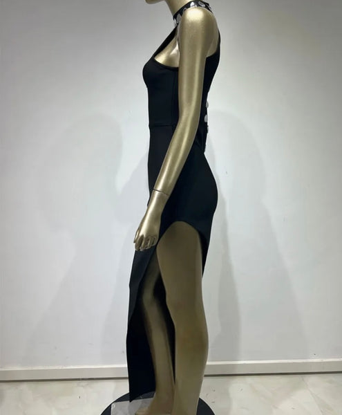 Women Sexy Black One Shoulder Full Sleeve Crystal Maxi Dress