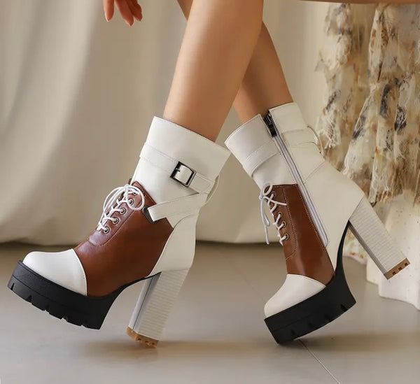 Women Fashion Color Patchwork Lace Up Platform Ankle Boots
