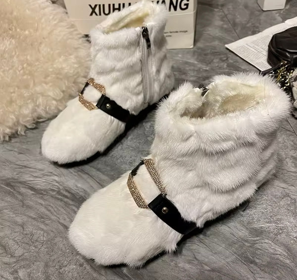 Women Fashion Bling Buckled Faux Fur Ankle Boots
