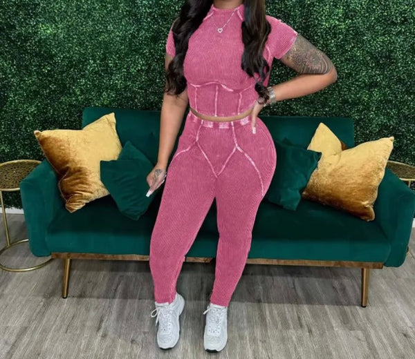 Women Fashion Ribbed Short Sleeve Two Piece Pant Set