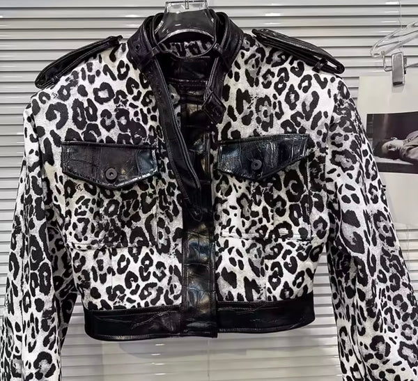 Women Fashion Animal Print PU Patchwork Jacket