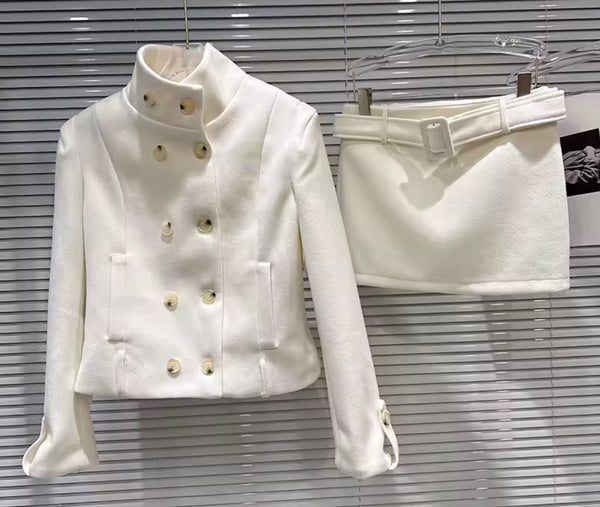 Women Button Up Fashion Jacket Two Piece Skirt Set