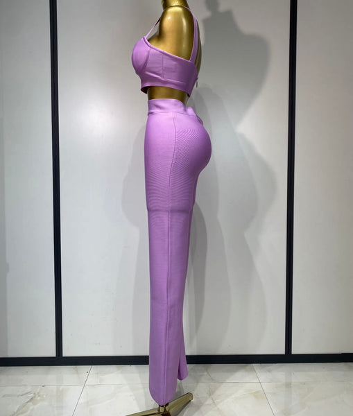 Women Color Sleeveless Sexy Crop Two Piece Pant Set