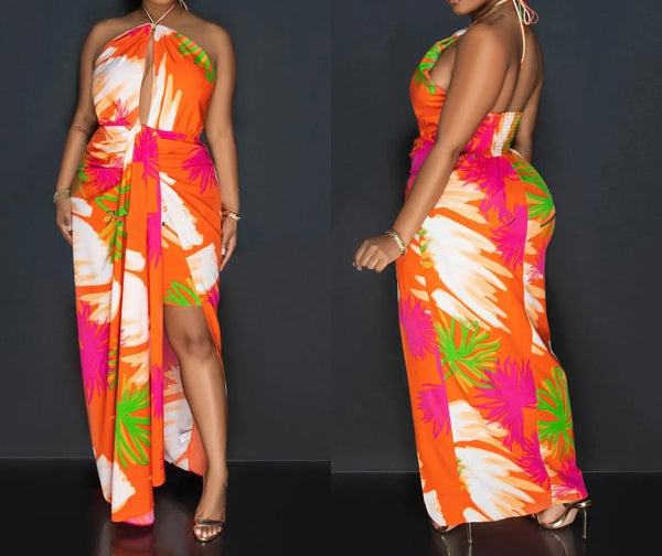 Women Sexy Sleeveless Colorful Print Asymmetrical Dress