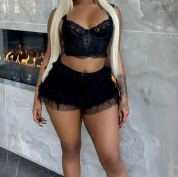 Women Sexy Sleeveless Ruffled Lace Two Piece Skirt Set