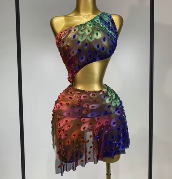 Women Colorful One Shoulder Sleeveless Rhinestone Dress