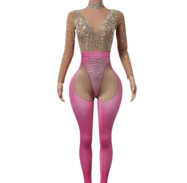 Women Sexy Pink Bling Mesh Full Sleeve Jumpsuit