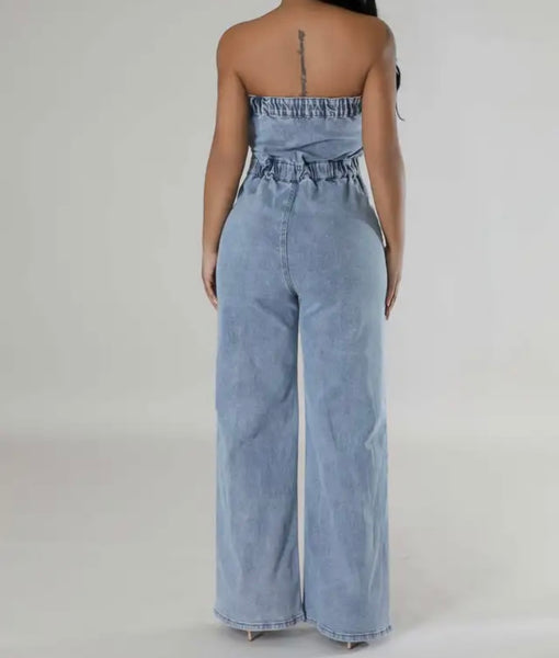 Women Sexy Fashion Button Up Strapless Denim Jumpsuit