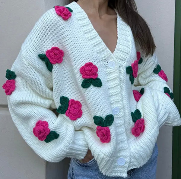 Women V-Neck Button Up 3D Floral Fashion Full Sleeve Sweater Top