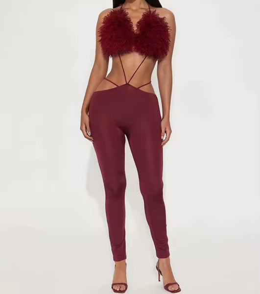 Women Sexy Feather Sleeveless Open Back Jumpsuit