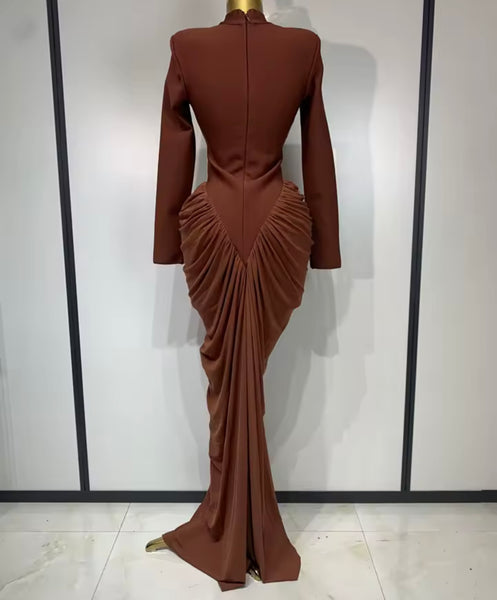 Women Sexy Solid Color Ruched Full Sleeve Maxi Dress