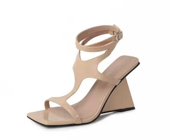 Women Fashion Patent Leather Lace Up Buckle Wedge Sandals