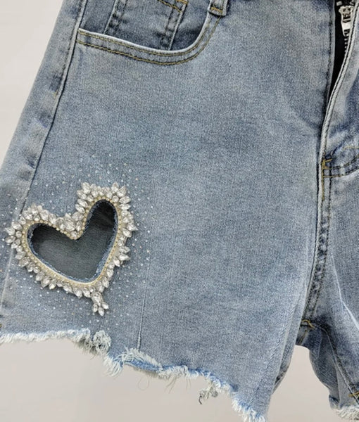 Women Fashion Bling Cut Out Heart Denim Shorts