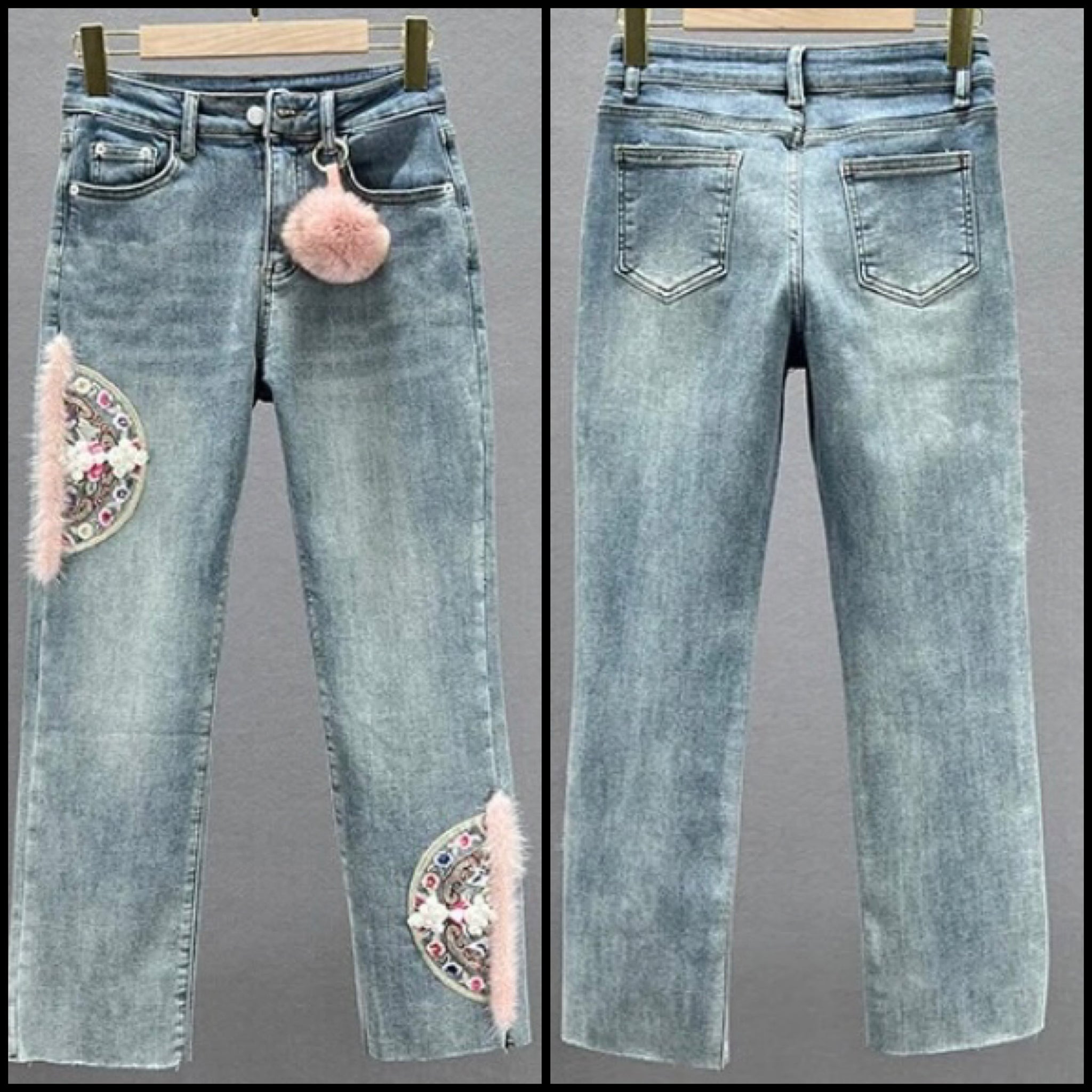 Women Fashion Embroidery Faux Fur Patchwork Denim Pants