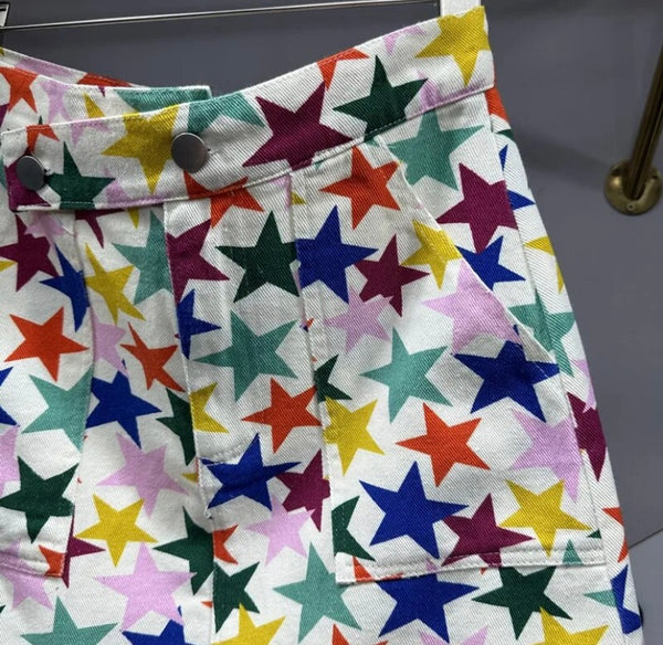 Women Fashion Multicolored Star Print Denim Skirt