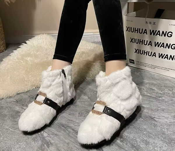 Women Fashion Bling Buckled Faux Fur Ankle Boots