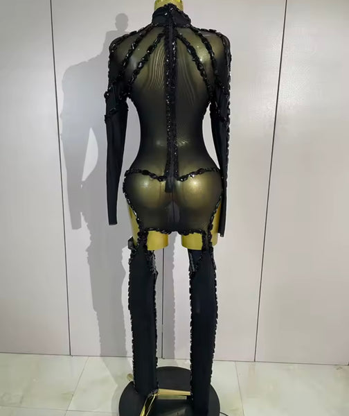 Women Mesh Crystal Full Sleeve Sexy Bodysuit Jumpsuit