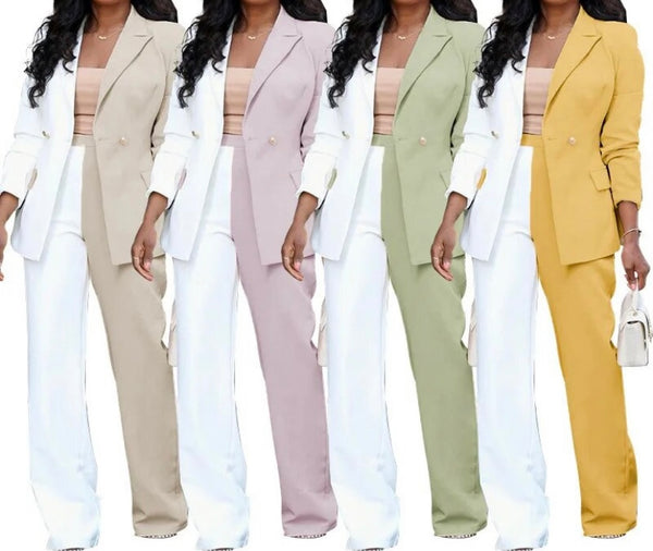 Women Fashion Color Patchwork Button Up Blazer Two Piece Pant Set