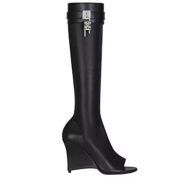 Women Open Toe Buckled Lock Faux Leather Knee High Boots