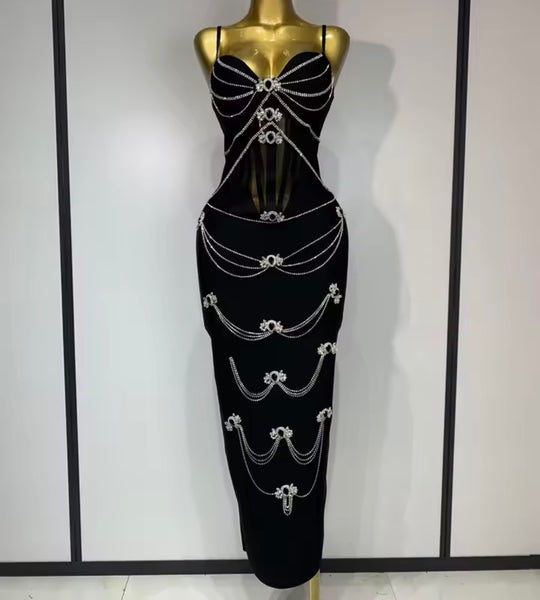 Women Sexy Sleeveless Black Bling Rhinestone Maxi Dress