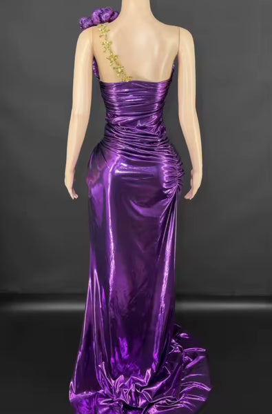 Women Sexy Sleeveless Crystal Ruched Side Split PU Maxi Dress
