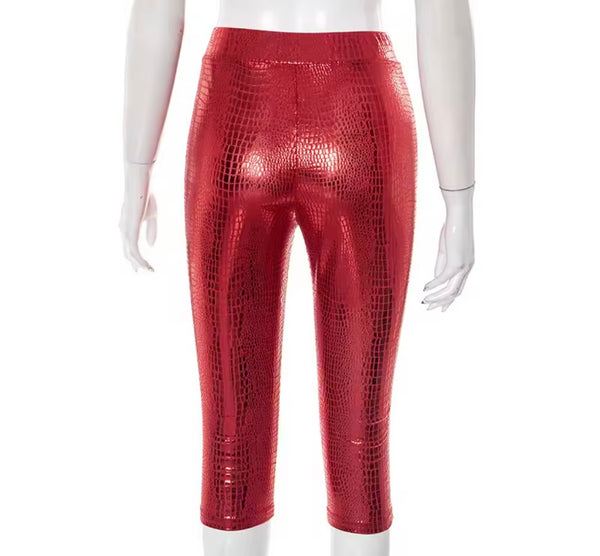 Women Fur Patchwork Fashion Faux Leather Two Piece Capri Pant Set